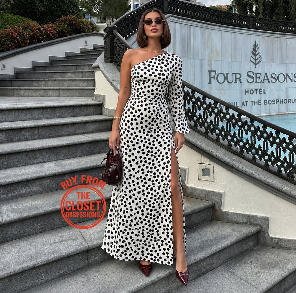 MANGO One Shoulder Polka Dot Maxi Dress NWT Black White Wedding Guest Size 6
